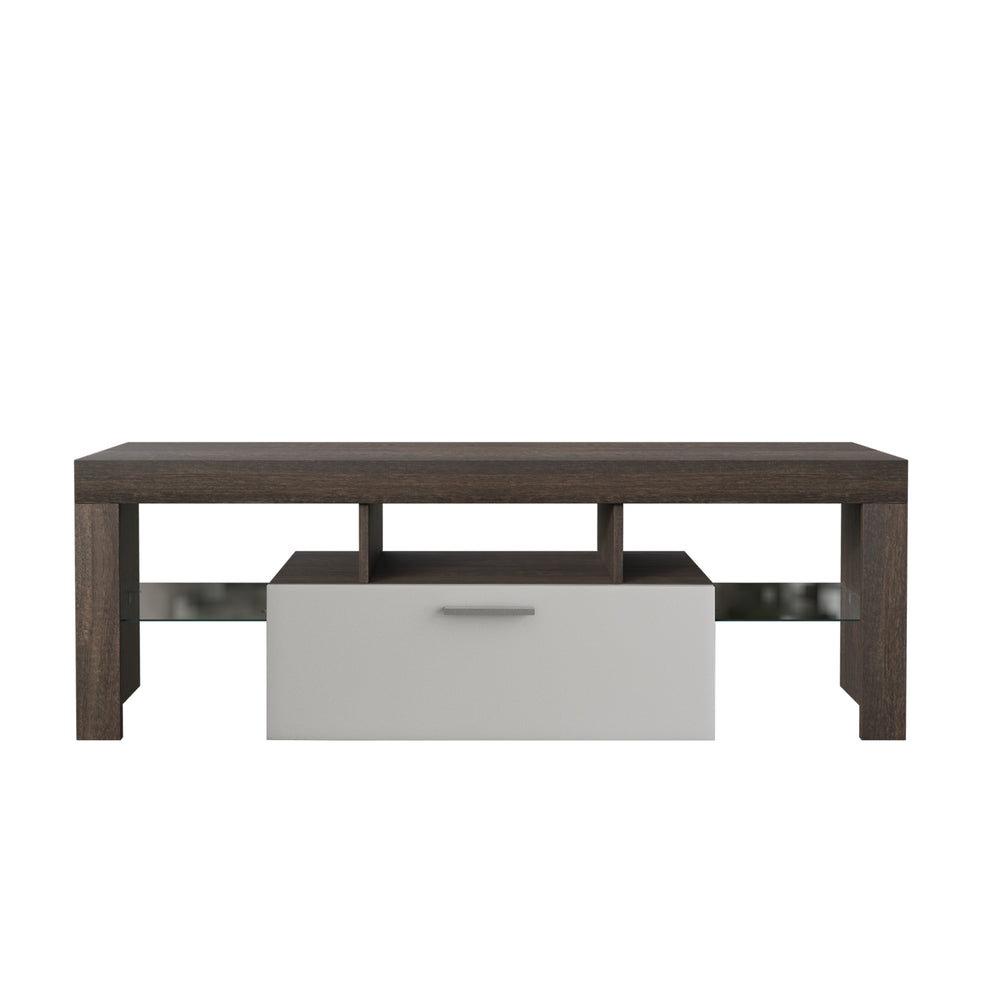 English Elm 20 Modern Brown TV Stand with Toughened Glass Shelf, LED Color Lights, Brand Hardware, Adjustable Feet W67943610