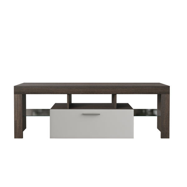 English Elm 20 Modern Brown TV Stand with Toughened Glass Shelf, LED Color Lights, Brand Hardware, Adjustable Feet W67943610