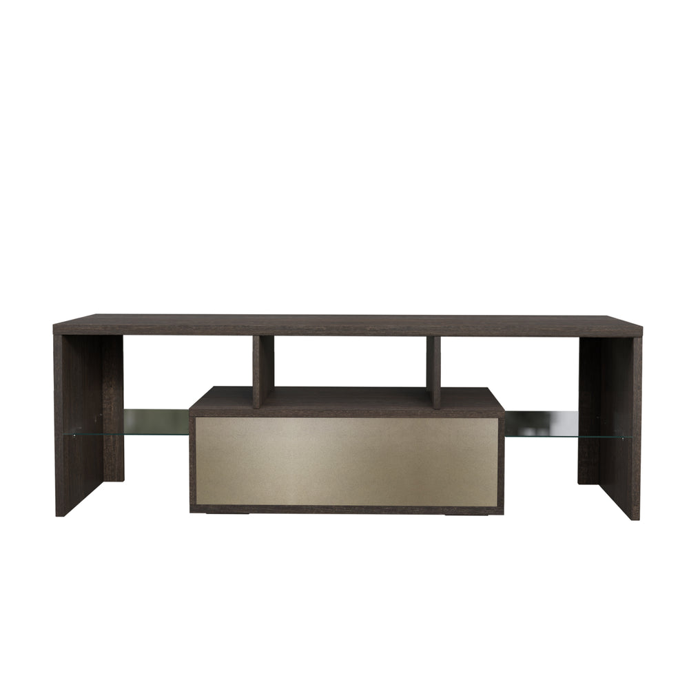 English Elm 20 Modern Brown TV Stand with Toughened Glass Shelf, LED Color Lights, Brand Hardware, Adjustable Feet W67943610