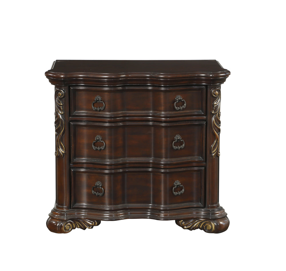 English Elm Royal Cherry Finish Nightstand with 3 Drawers and Ring Pulls, Serpentine Profile, Faux Leather Trim B01151902