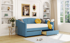 English Elm Upholstered Velvet Twin Daybed with Storage Drawers Wood Slats Guest Room Seating Blue LP000312AAC