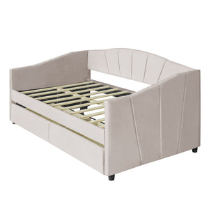 English Elm Upholstered Velvet Twin Daybed with Storage Drawers Wood Slats Guest Room Seating Beige LP000312AAA