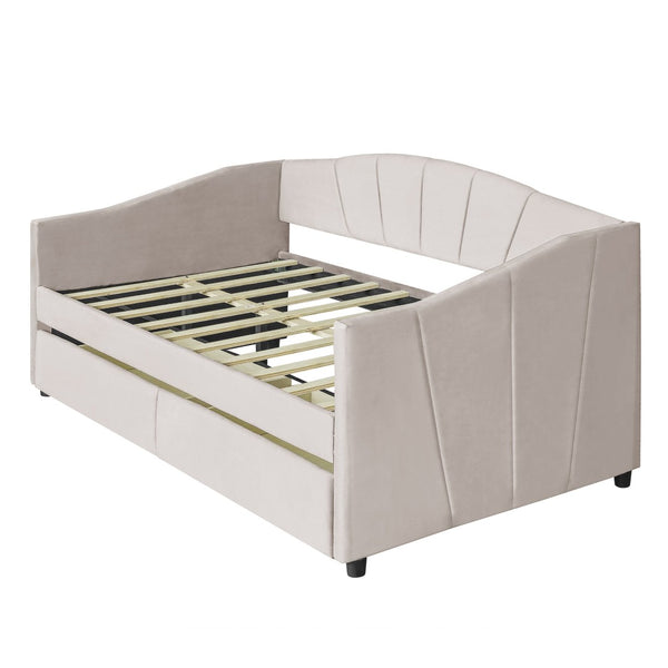 English Elm Upholstered Velvet Twin Daybed with Storage Drawers Wood Slats Guest Room Seating Beige LP000312AAA