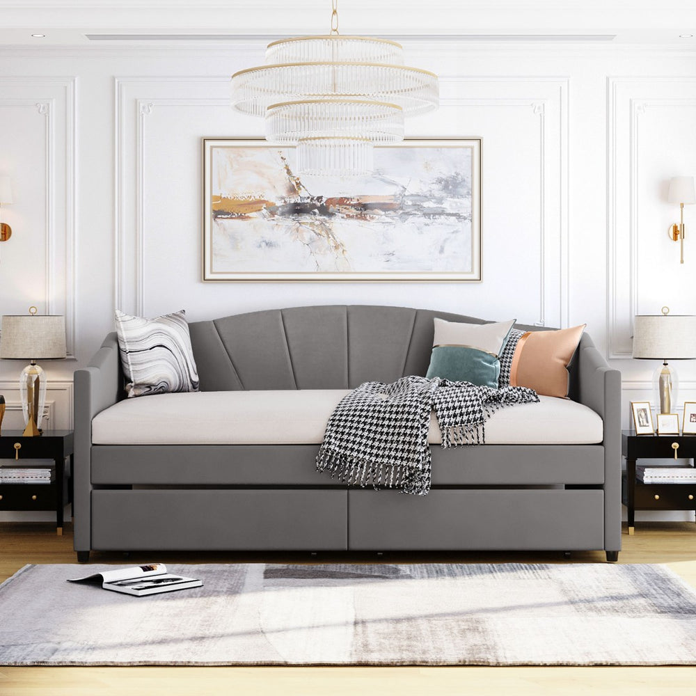 English Elm Upholstered Velvet Twin Daybed with Storage Drawers Wood Slats Guest Room Seating Gray LP000312AAE