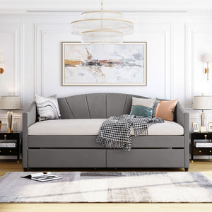 English Elm Upholstered Velvet Twin Daybed with Storage Drawers Wood Slats Guest Room Seating Gray LP000312AAE