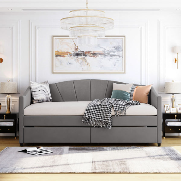 English Elm Upholstered Velvet Twin Daybed with Storage Drawers Wood Slats Guest Room Seating Gray LP000312AAE