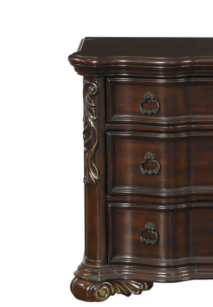 English Elm Royal Cherry Finish Nightstand with 3 Drawers and Ring Pulls, Serpentine Profile, Faux Leather Trim B01151902