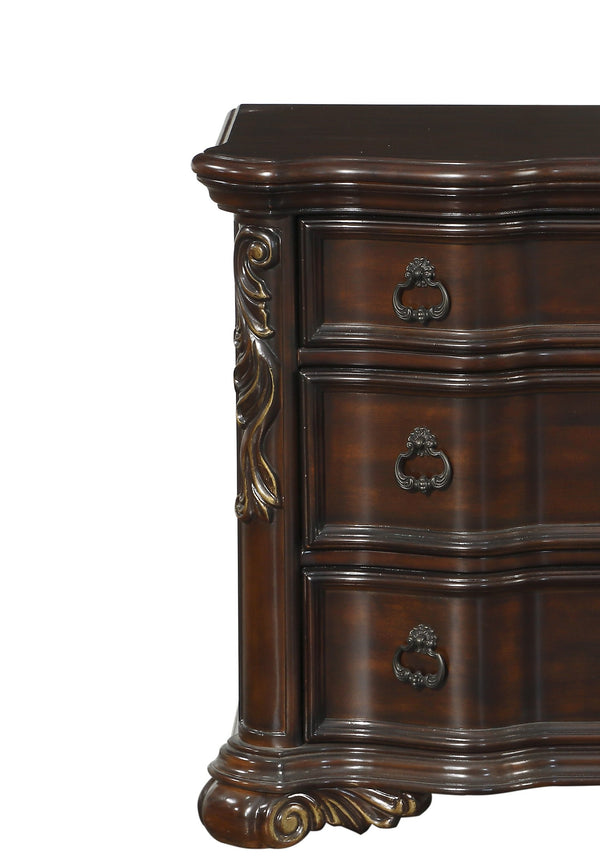 English Elm Royal Cherry Finish Nightstand with 3 Drawers and Ring Pulls, Serpentine Profile, Faux Leather Trim B01151902