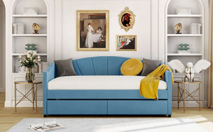 English Elm Upholstered Velvet Twin Daybed with Storage Drawers Wood Slats Guest Room Seating Blue LP000312AAC