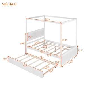 English Elm Wood Full Canopy Platform Bed with Trundle Pinewood Frame Brushed White Finish WF291343AAK
