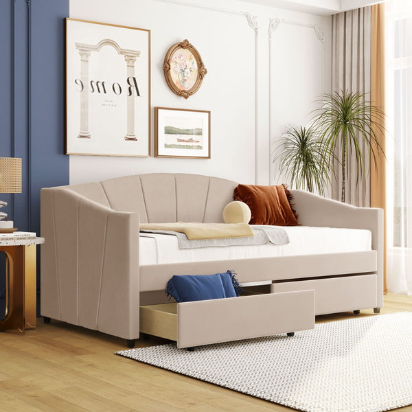 English Elm Upholstered Velvet Twin Daybed with Storage Drawers Wood Slats Guest Room Seating Beige LP000312AAA