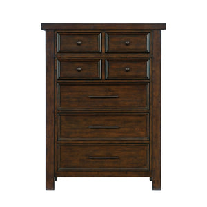 English Elm Classic Transitional Brown Mango Veneer 5-Drawer Chest with Dark Metal Knobs — Versatile Bedroom Storage B01151900