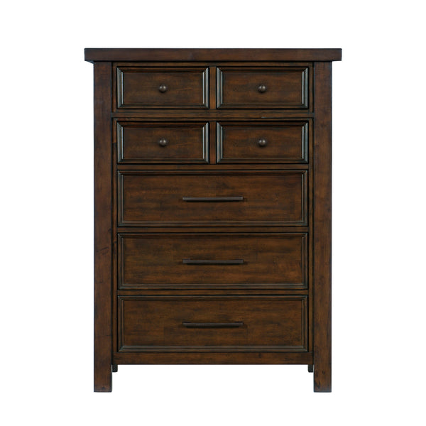 English Elm Classic Transitional Brown Mango Veneer 5-Drawer Chest with Dark Metal Knobs — Versatile Bedroom Storage B01151900