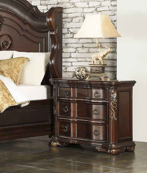 English Elm Royal Cherry Finish Nightstand with 3 Drawers and Ring Pulls, Serpentine Profile, Faux Leather Trim B01151902