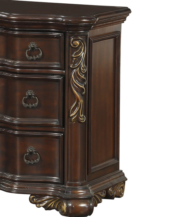 English Elm Royal Cherry Finish Nightstand with 3 Drawers and Ring Pulls, Serpentine Profile, Faux Leather Trim B01151902