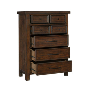 English Elm Classic Transitional Brown Mango Veneer 5-Drawer Chest with Dark Metal Knobs — Versatile Bedroom Storage B01151900