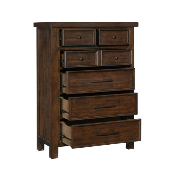 English Elm Classic Transitional Brown Mango Veneer 5-Drawer Chest with Dark Metal Knobs — Versatile Bedroom Storage B01151900