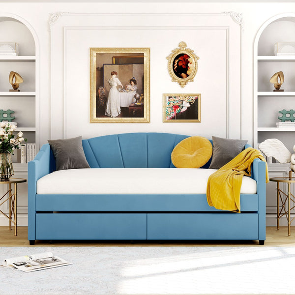 English Elm Upholstered Velvet Twin Daybed with Storage Drawers Wood Slats Guest Room Seating Blue LP000312AAC