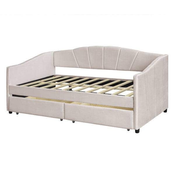 English Elm Upholstered Velvet Twin Daybed with Storage Drawers Wood Slats Guest Room Seating Beige LP000312AAA