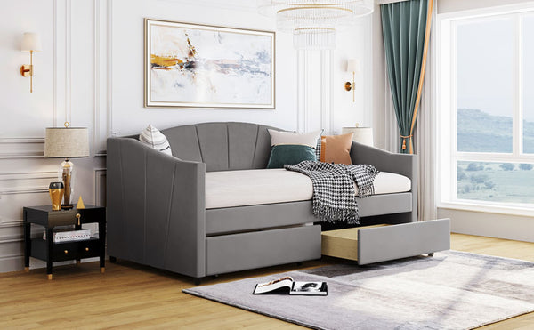 English Elm Upholstered Velvet Twin Daybed with Storage Drawers Wood Slats Guest Room Seating Gray LP000312AAE