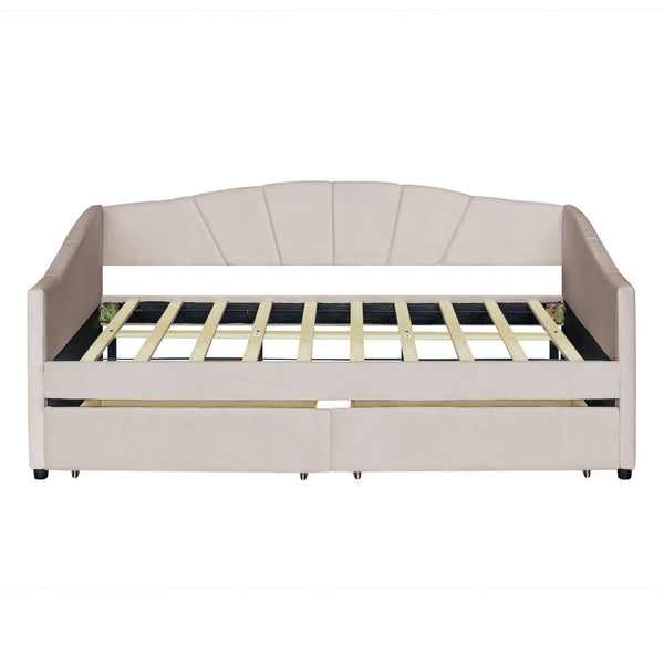 English Elm Upholstered Velvet Twin Daybed with Storage Drawers Wood Slats Guest Room Seating Beige LP000312AAA