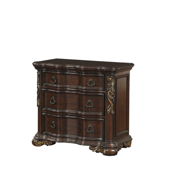 English Elm Royal Cherry Finish Nightstand with 3 Drawers and Ring Pulls, Serpentine Profile, Faux Leather Trim B01151902