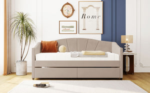 English Elm Upholstered Velvet Twin Daybed with Storage Drawers Wood Slats Guest Room Seating Beige LP000312AAA