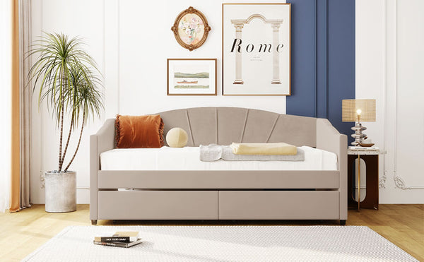 English Elm Upholstered Velvet Twin Daybed with Storage Drawers Wood Slats Guest Room Seating Beige LP000312AAA