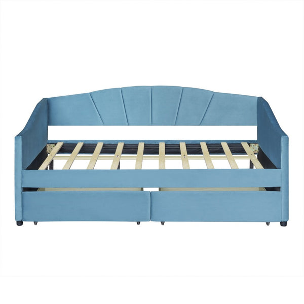 English Elm Upholstered Velvet Twin Daybed with Storage Drawers Wood Slats Guest Room Seating Blue LP000312AAC