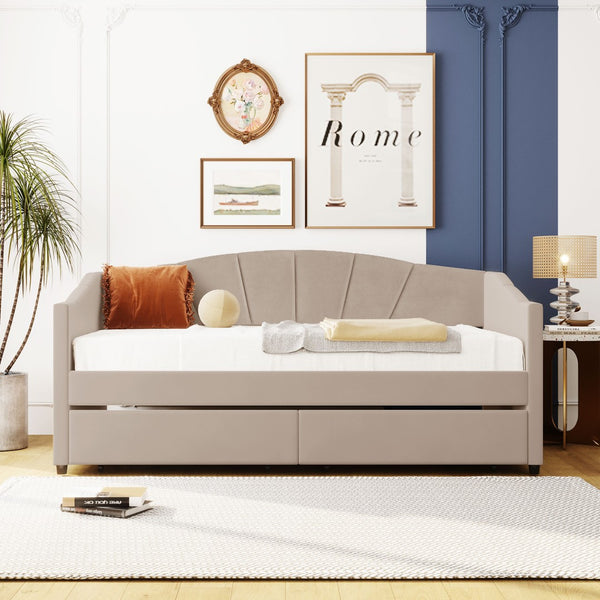 English Elm Upholstered Velvet Twin Daybed with Storage Drawers Wood Slats Guest Room Seating Beige LP000312AAA