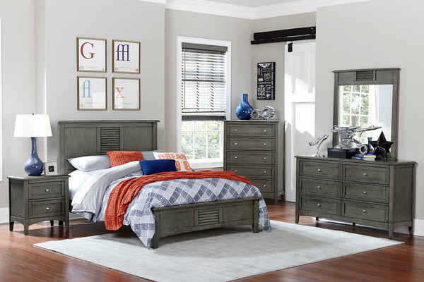 English Elm Transitional Queen Bed with Louvered Headboard in Cool Finish over Birch Veneer, Modern Accent Gray 67.5 L x 29.75 W x 4.5 H B011S00154