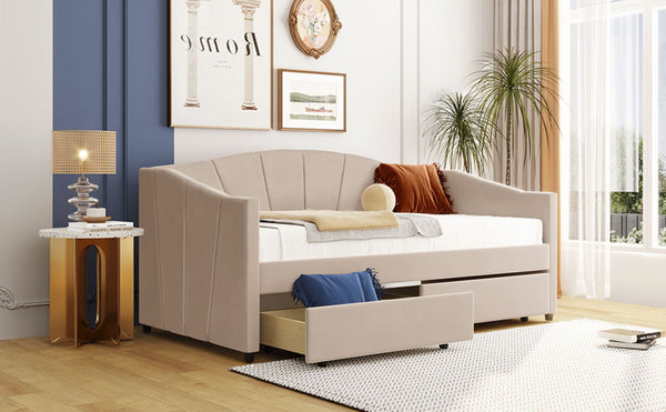 English Elm Upholstered Velvet Twin Daybed with Storage Drawers Wood Slats Guest Room Seating Beige LP000312AAA