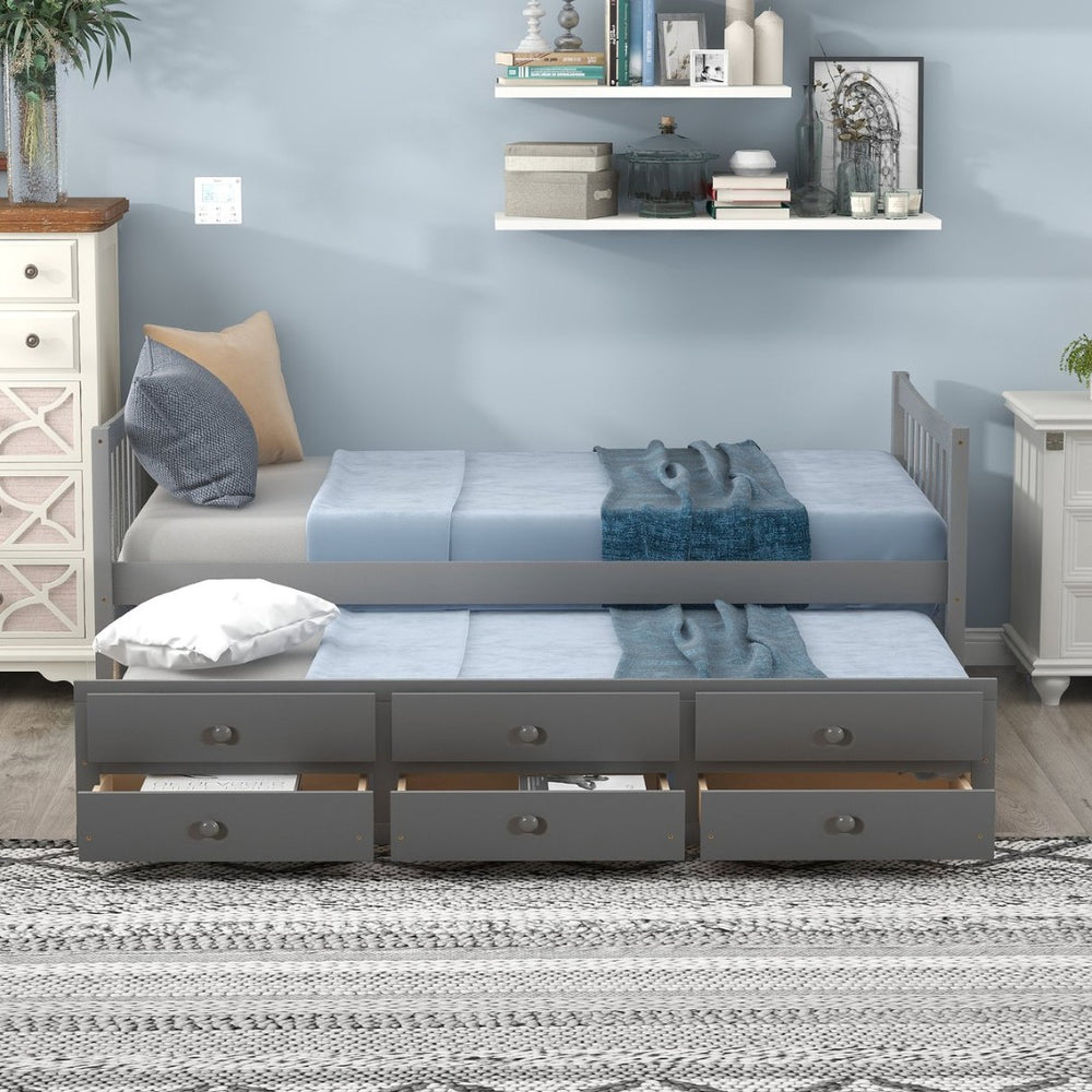 English Elm Daybed Twin Frame with Pull Out Trundle and Three Storage Drawers for Guest Rooms Gray LP000241AAE
