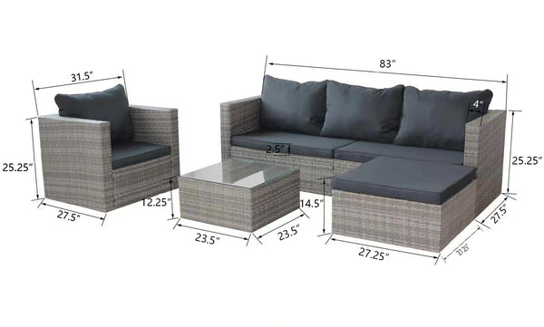 English Elm 4pcs Grey Wicker Patio Set with Tempered Glass Table, Removable Cushions, UV & Water Resistant Comfort W209S00013