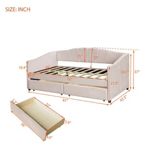 English Elm Upholstered Velvet Twin Daybed with Storage Drawers Wood Slats Guest Room Seating Beige LP000312AAA