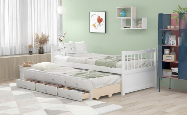 English Elm Daybed Twin Frame with Pull Out Trundle and Three Storage Drawers for Guest Rooms White LP000241AAK