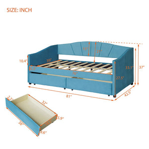 English Elm Upholstered Velvet Twin Daybed with Storage Drawers Wood Slats Guest Room Seating Blue LP000312AAC