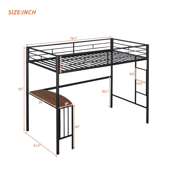 English Elm Twin Metal Loft Bed with Built-in Study Desk Powder-coated Steel Frame for Teen Rooms Black MF286452AAB