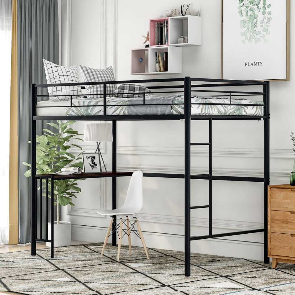 English Elm Twin Metal Loft Bed with Built-in Study Desk Powder-coated Steel Frame for Teen Rooms Black MF286452AAB