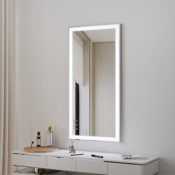 English Elm 48x24 LED Bathroom Vanity Mirror Silver Frame with Anti-Fog, Touch Dimmer, Memory, IP44 Waterproof Tray Shelf W70832310