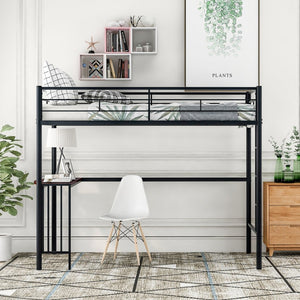 English Elm Twin Metal Loft Bed with Built-in Study Desk Powder-coated Steel Frame for Teen Rooms Black MF286452AAB