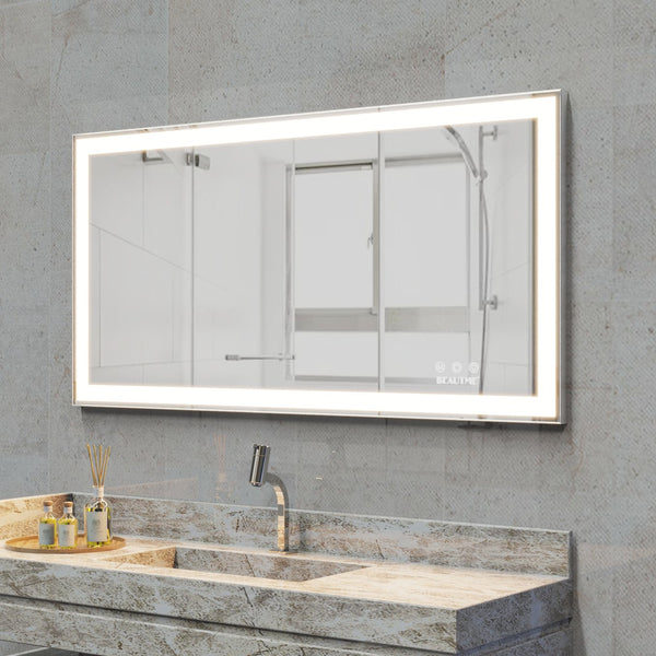English Elm 48x24 LED Bathroom Vanity Mirror Silver Frame with Anti-Fog, Touch Dimmer, Memory, IP44 Waterproof Tray Shelf W70832310