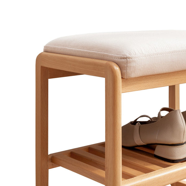 English Elm Natural Oak Entryway Bench with Cushioned Seat and Two Tier Shoe Storage Shelves W128352087