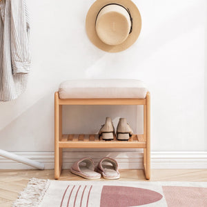 English Elm Natural Oak Entryway Bench with Cushioned Seat and Two Tier Shoe Storage Shelves W128352087