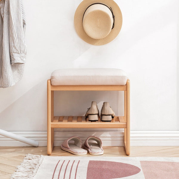 English Elm Natural Oak Entryway Bench with Cushioned Seat and Two Tier Shoe Storage Shelves W128352087