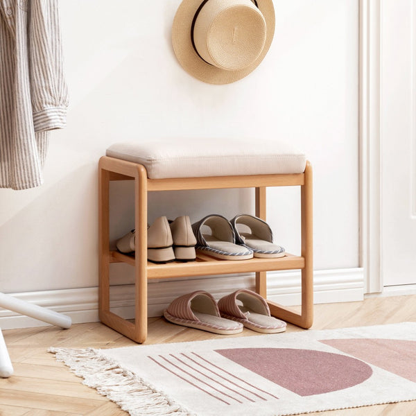 English Elm Natural Oak Entryway Bench with Cushioned Seat and Two Tier Shoe Storage Shelves W128352087