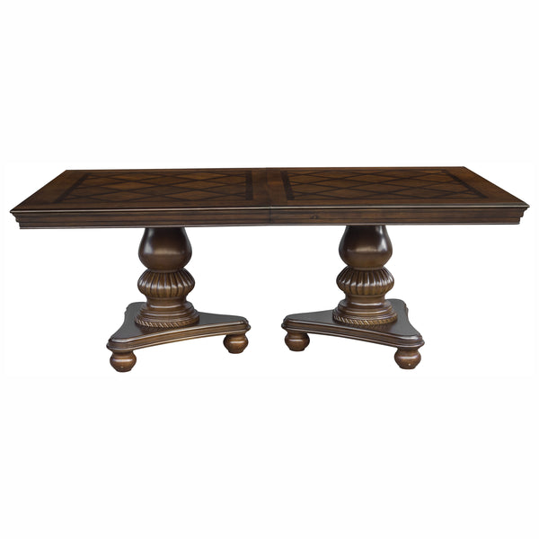 English Elm Traditional Elegant Dining Table with Double Pedestal, Parquet Veneer Top and Carved Molding Finish Brown Mix 84.25 L x 53.5 W x 8.25 H B011S00137