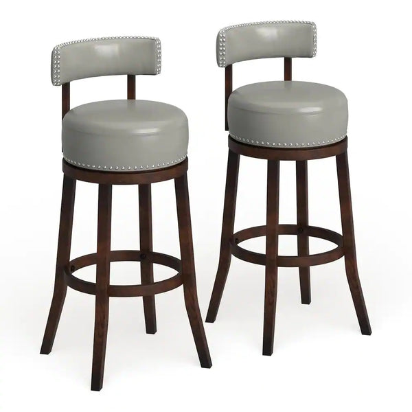 English Elm Sherly 30" Swivel Bar Stools Set of 2 — Dark Oak Solid Wood, Gray Leatherette, Nailhead Trim Comfort B01152174