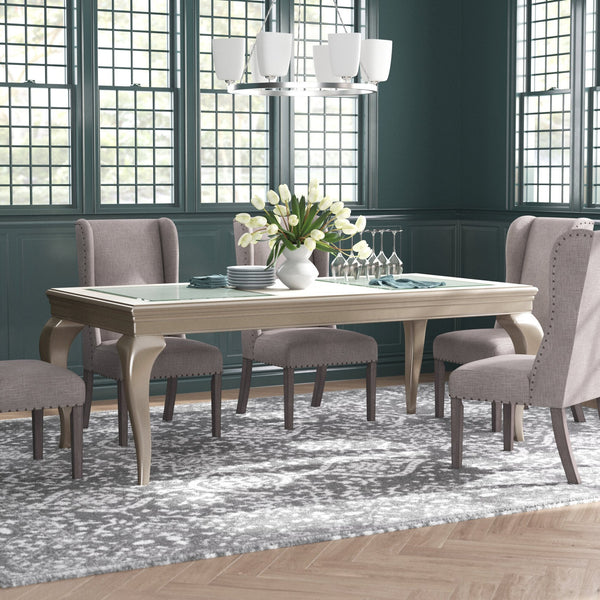 English Elm Modern Silver Glam Dining Table with Cabriole Legs & Glass Insets, 42-84" Extendable, 30.5"H B01152169
