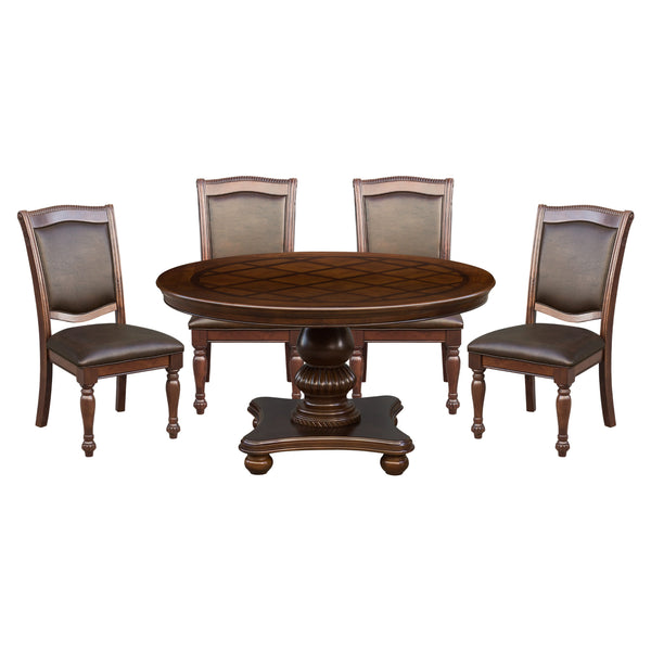 English Elm Traditional Elegant Dining Table with Double Pedestal, Parquet Veneer Top and Carved Molding Finish Brown Mix 57 L x 57 W x 5.5 H B011S00138